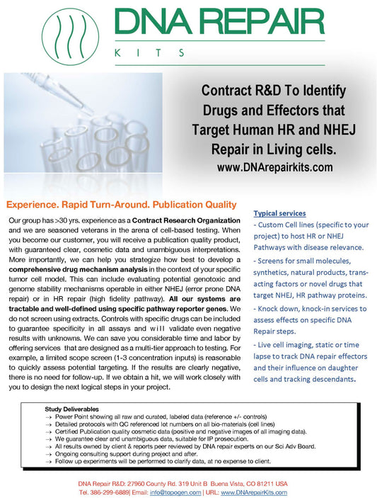 Contract research on DNA repair.  We can accelerate R&D  for drug testing & screening, making cell lines, gene testing on the NHEJ pathway.